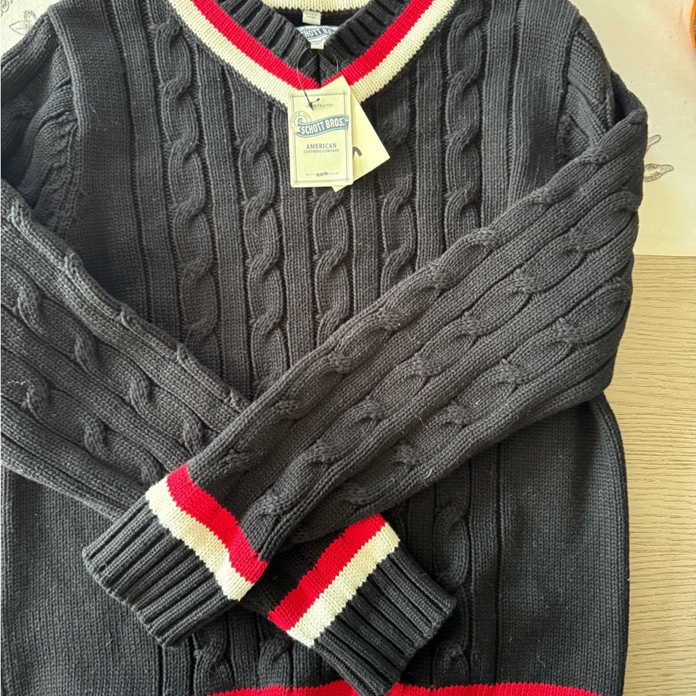 Schott NYC Black V-Neck Sweater with Red and White Accents